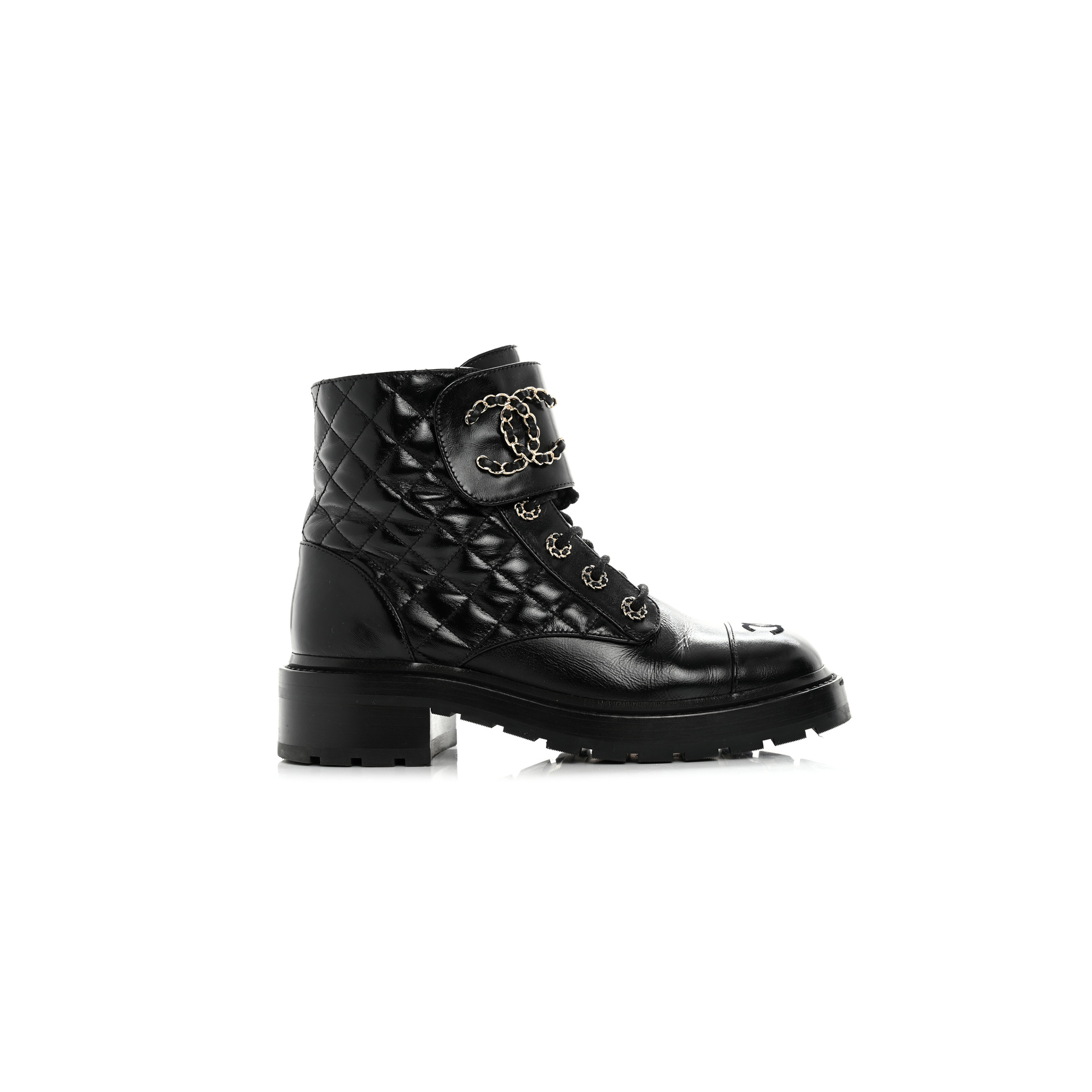 Ch*el shiny calfskin quilted lace up combat boots